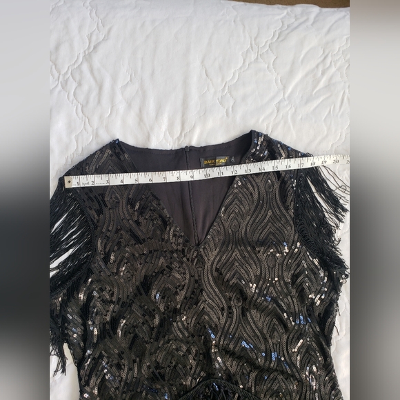 Gatsby Flapper Dress 1920s Inspired Black Fringe W/ Shimmer Sequin, Vintage Glam - Picture 5 of 12